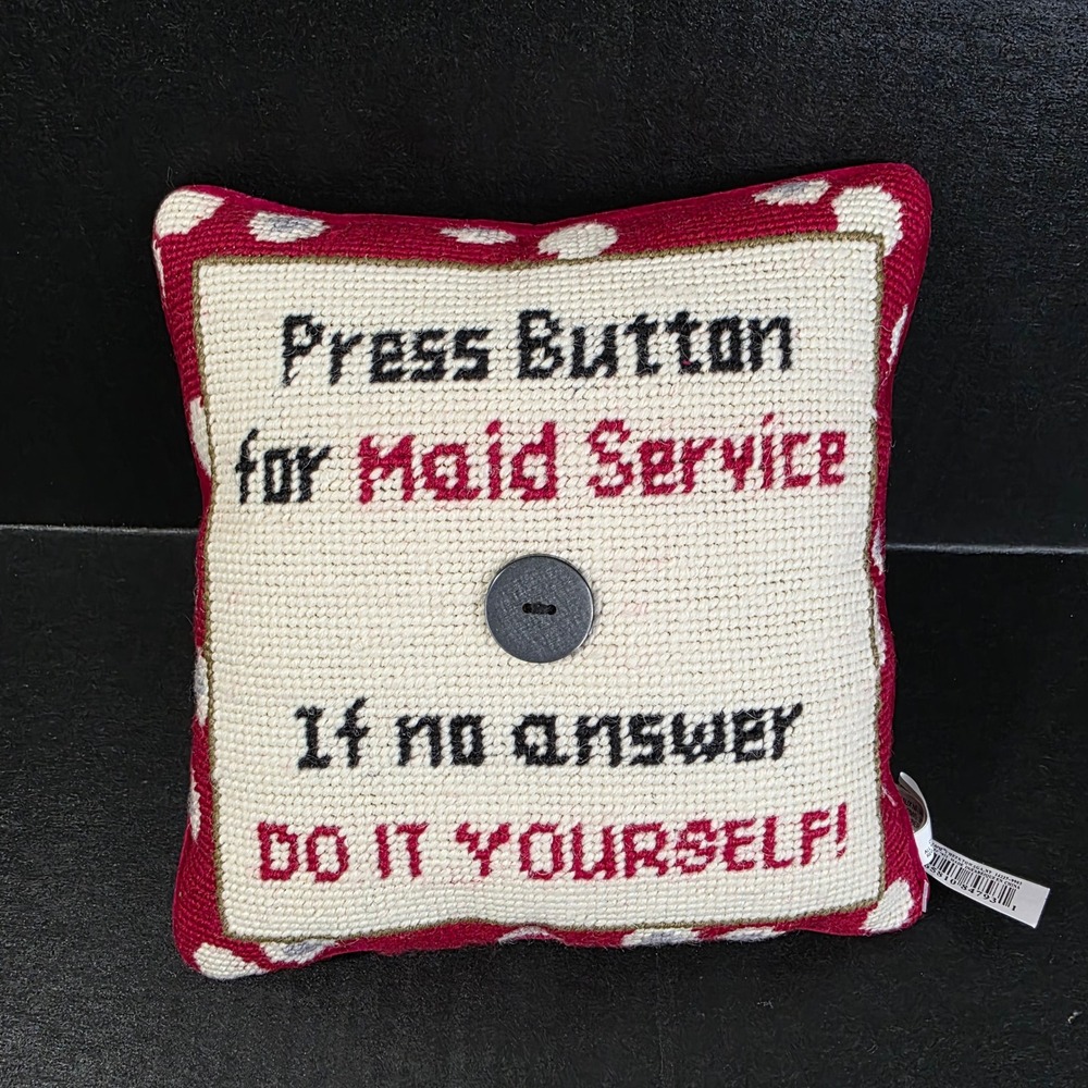 Ganz Press Button for Maid Service Needlepoint Accent Pillow Cottagecore 8x8 NEW